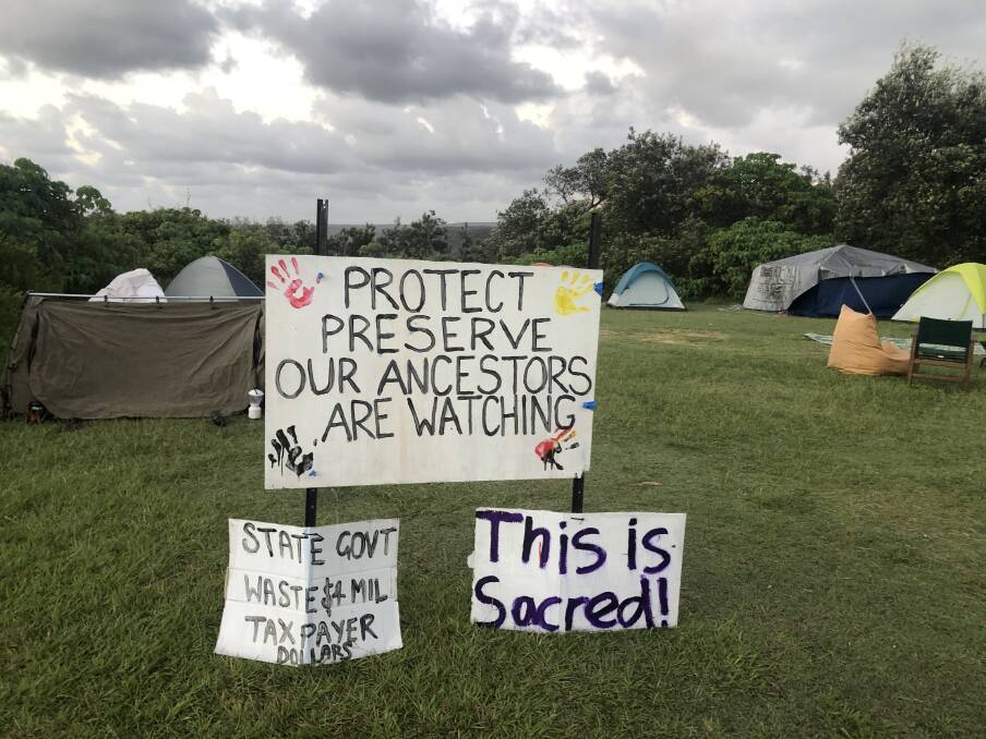 SACRED GROUND: Tents were set up on the headland on Monday in an attempt to prevent the construction of a whale centre.