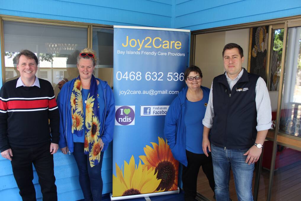 CARING: Shadow Minister for Disability Services Christian Rowan, Joy2Care directors Wendy McDonald and Colleen Bleathman, and Redlands LNP candidate Henry Pike.