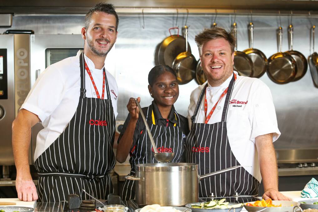 COOKING UP A STORM: Andrea Wanambi with Coles' senior development chef Jason Oven and Masterchef's Michael Weldon.