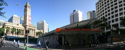CITY STOP: King George Square busway station with the landmark Brisbane City Hall in the background.