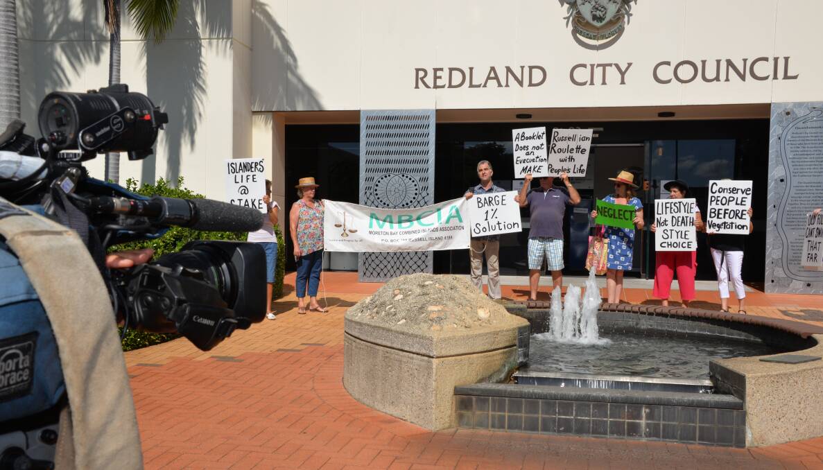 CRANKY RESIDENTS: Islanders protesting against Redland City Council at its chambers in Cleveland.