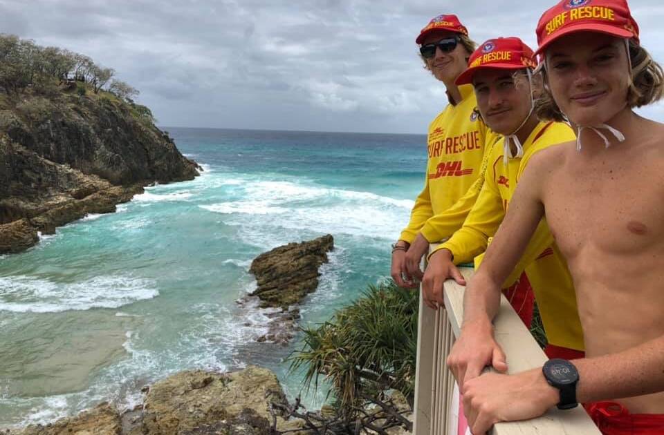 ON DUTY: Straddie surf lifesavers near the club house at Main Beach. Front to back is Riley Shilling, Julian Newton, and Kyle Trevor-Jones.
