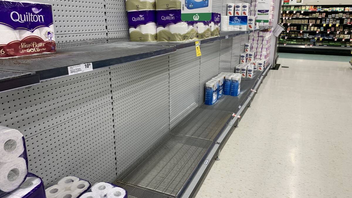 CRAZY: These are the Beaudesert Woolworths shelves this Saturday morning, August 1, as shoppers start to panic buy should a second wave of COVID-19 hit Queensland. Photo: Larraine Sathicq