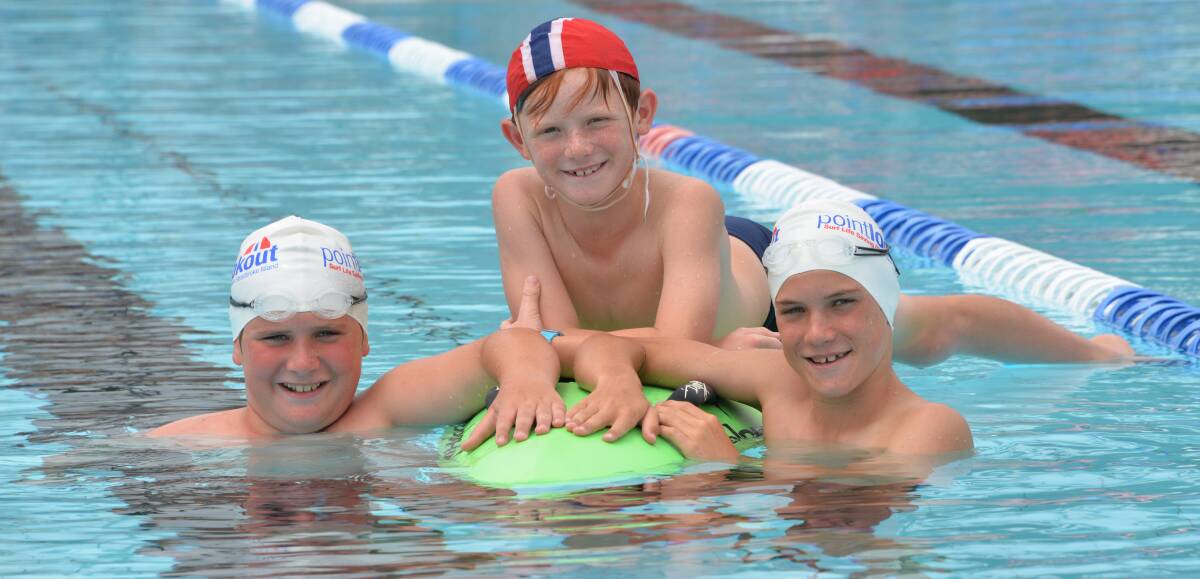 IN THE SWIM: Riley Brennan, 11, and his brothers Jackson, 8, and Callum, 13, try out the Cleveland pool for life saving practice.