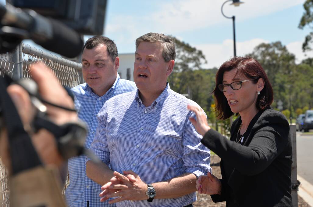 ON THE HUSTINGS: Redlands MP Matt McEeachan, Opposition leader Tim Nicholls and LNP candidate for Springwood Julie Talty at Thornlands today.