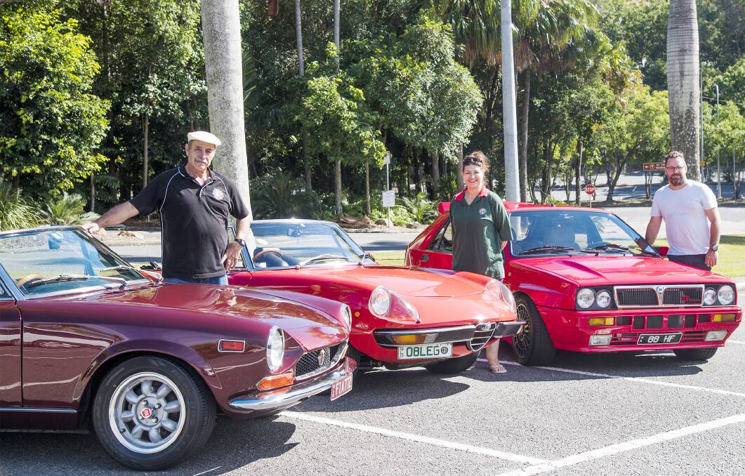 NICE CARS: Santo Massimino (Fiat), Sally Redman (Alfa Romeo) and Brad Muller (Lancia) with their Italian classic cars at Ormiston House. Photo: Chaitali Bansal.