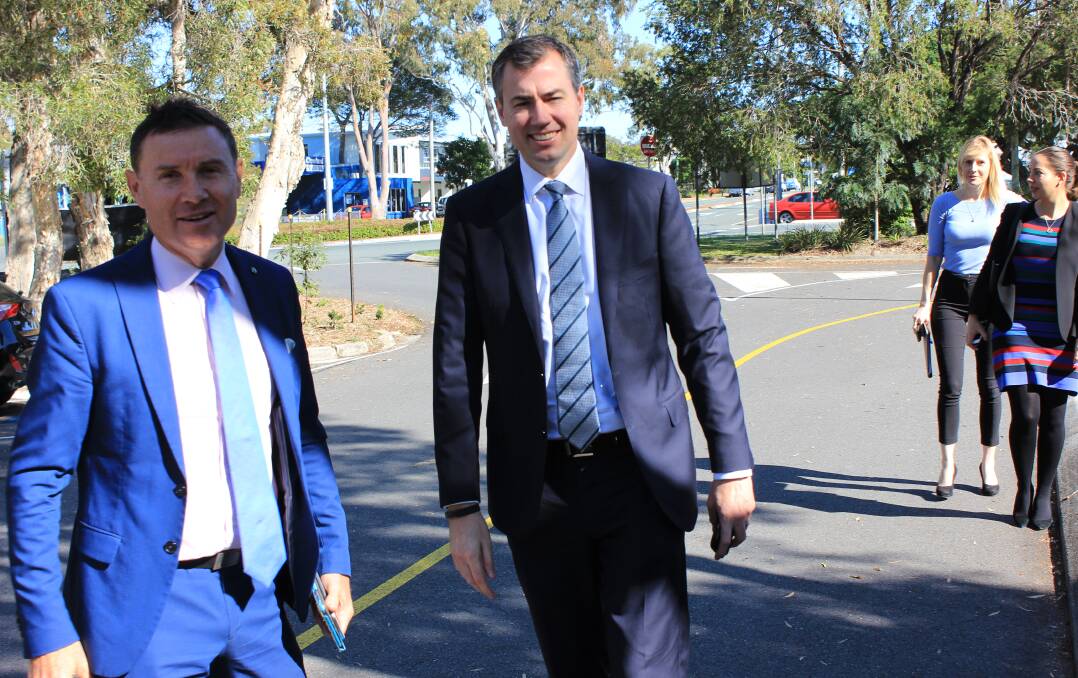MINISTERIAL DETOUR: Bowman MP Andrew Laming and Justice Minister Michael Keenan at the Donald Simpson Community Centre.