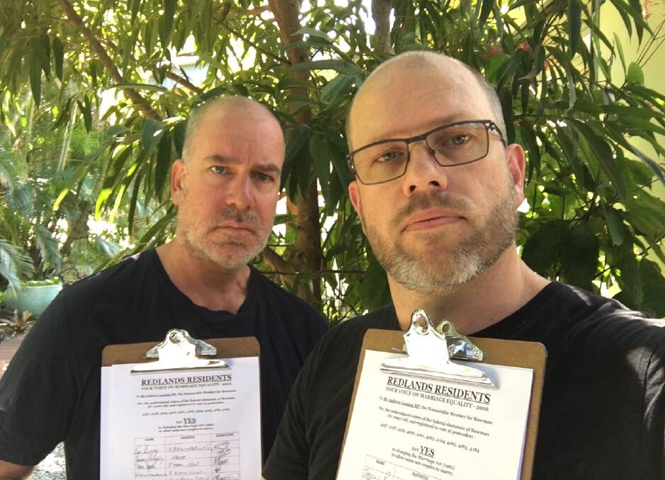 marriage equality: Fellow petitioners Richard Moon and Michael Burge with their petitions.
