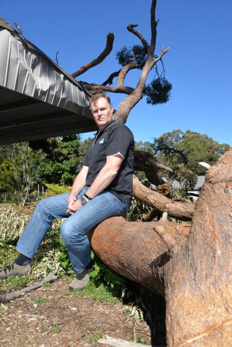TALLOWOOD: Brendan Key sits on the big limb that hit his carport from a tree in his neighbour's front yard on Redland Bay Road.