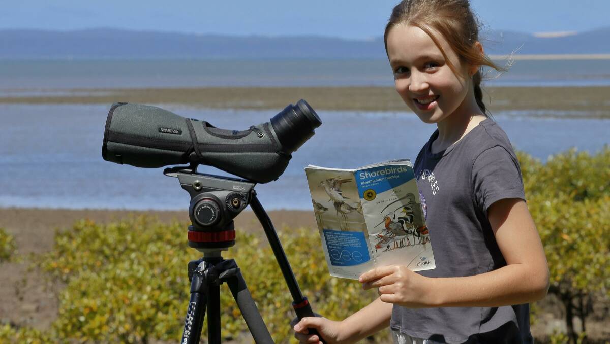 BIRD SPOTTING: Lara MacDonald, 10, of Cleveland tries out one of the high powered scopes that will be used to view visiting migratory shore birds near GJ Walter Park, Cleveland.   