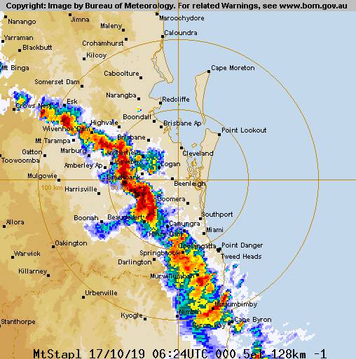 The BOM radar as at 4.20pm showing a line of storms passing through Beaudesert and Ipswich. Photo: BoM. 