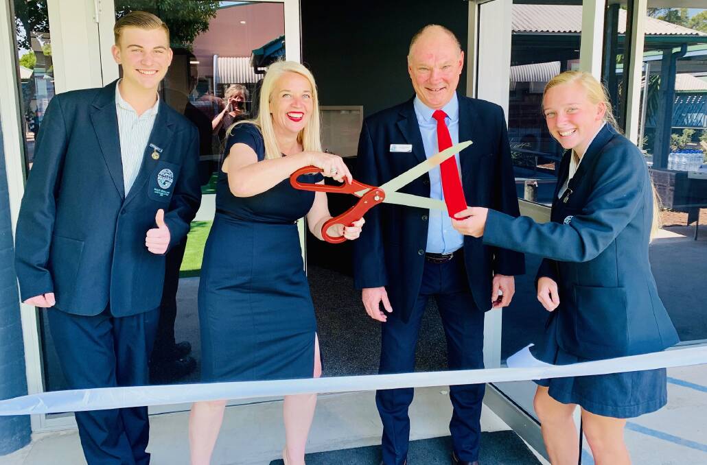 UNVEILING: Victoria Point State High School captains Bailey Gowland and Faith Green with principal Scot Steinhardt and MP Kim Richards at the opening of Moongalba. 