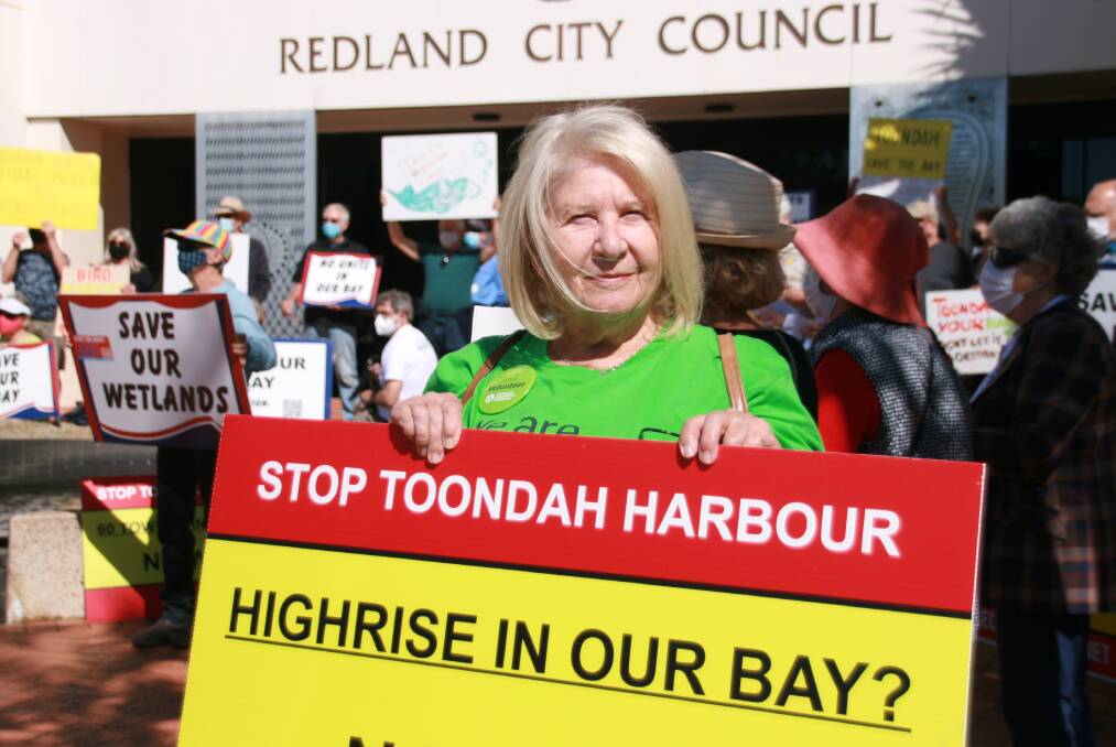 NO UNITS: Judith Seaton of Victoria Point was one of about 30 protestors outside council rallying against the proposed Toondah Harbour development. Photo: Jordan Crick