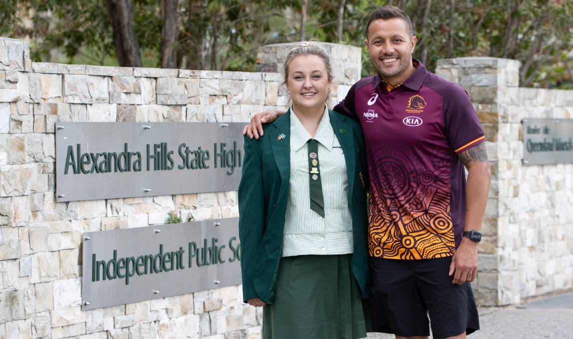 STAR-STRUCK: Newly elected Alexandra Hills State High School captain Sharni Mellare with NRL great and Beyond the Broncos ambassador Scott Prince. Photo: supplied