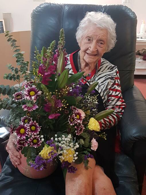 MILESTONE: Maureen Elizabeth (Betty) Bruce was glad to see family on her birthday. She received a big bouquet of flowers. 