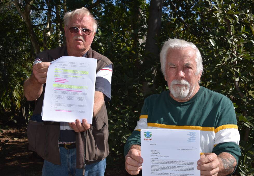 Merv Mortenson and David Brewer are up in arms over a letter they received banning them from calling Redland City Council. Photo by Jordan Crick