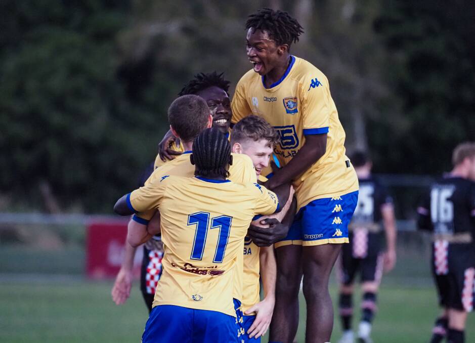 DOGS BITE: Capalaba FC celebrate a goal. The club is pushing to finish the interrupted season on a high. Photo: Alan Minifie/Capalaba FC
