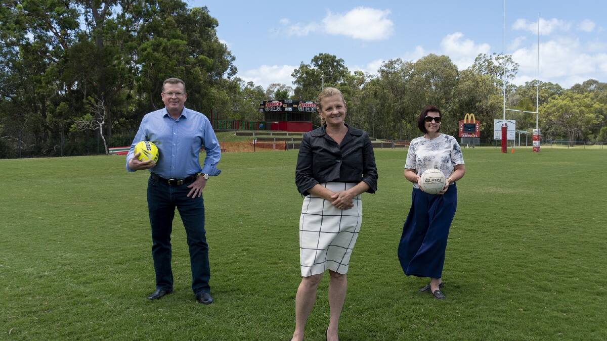 SPEND: Cr Paul Golle, Mayor Karen Williams and Cr Julie Talty at Pinklands Sporting Complex's rugby league grounds.