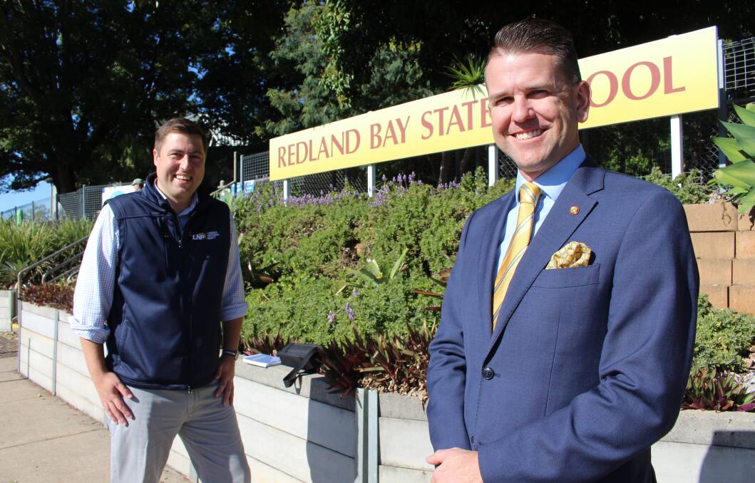 CAMPAIGN TRAIL: Redlands LNP candidate Henry Pike met with Shadow Education Minister Jarrod Bleijie outside Redland Bay State School on Tuesday to discuss funding. Photo: Jordan Crick