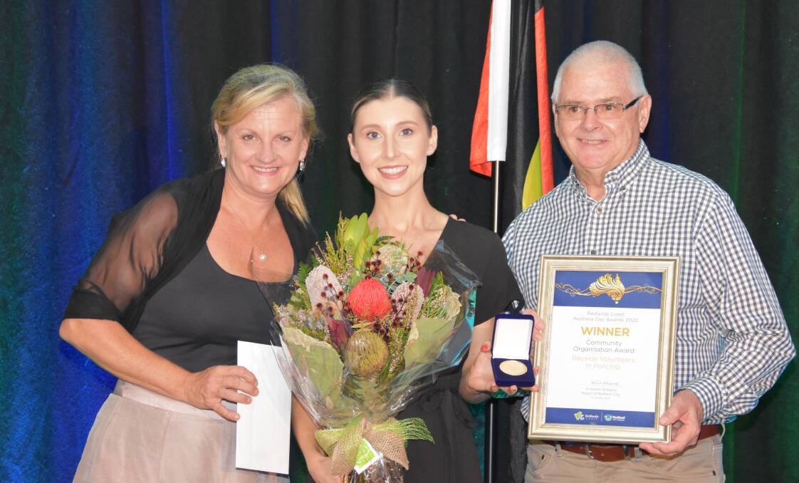 VIPs: Redlands Mayor Karen Williams presents Mia Degiovanni and Ken Dickson with an Australia day award. Photo: Jordan Crick