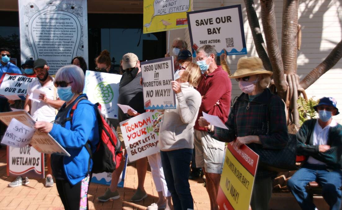 ANTI-TOONDAH: About 30 people turned up to protest the Toondah Harbour development outside council offices on Wednesday. Photo: Jordan Crick