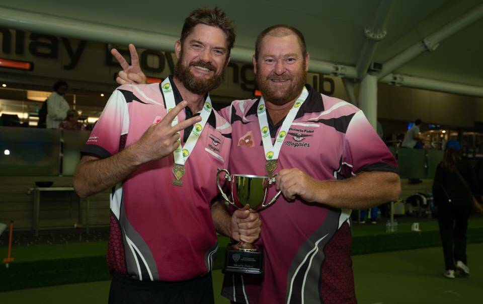 CHAMPIONS: Jade Groenewege and Sean Baker celebrate back-to-back pairs titles at the Australian Bowls Championships in Merimbula. 