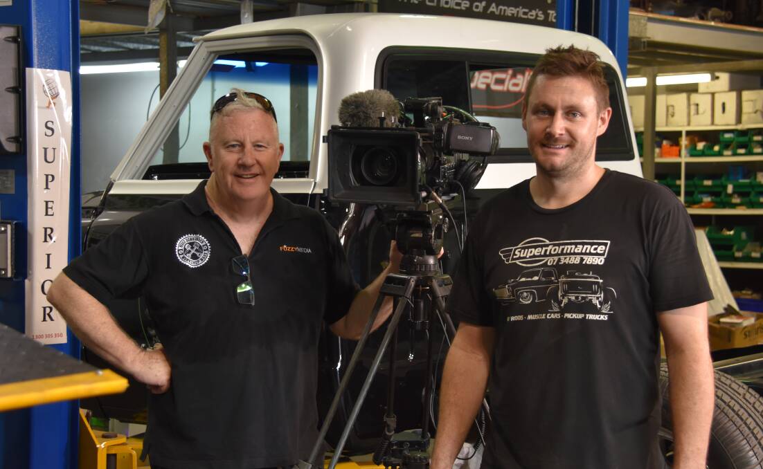 CARS: Rides Down Under Workshop Wars producer Rob Fazzino and fabricator Todd Malseed in the garage during a film shoot. Photo: Jordan Crick