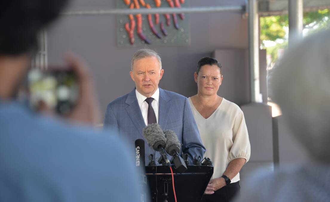 ELECTION: Opposition leader Anthony Albanese confirms Donisha Duff as Labor's candidate for the Bowman seat at a press conference outside LNP MP Andrew Laming's office in Cleveland this morning.