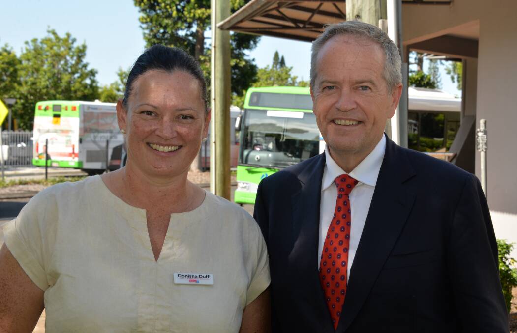 NDIS SUPPORT: Bowman Labor candidate Donisha Duff with former Labor leader Bill Shorten at Cleveland. Photo: Jordan Crick