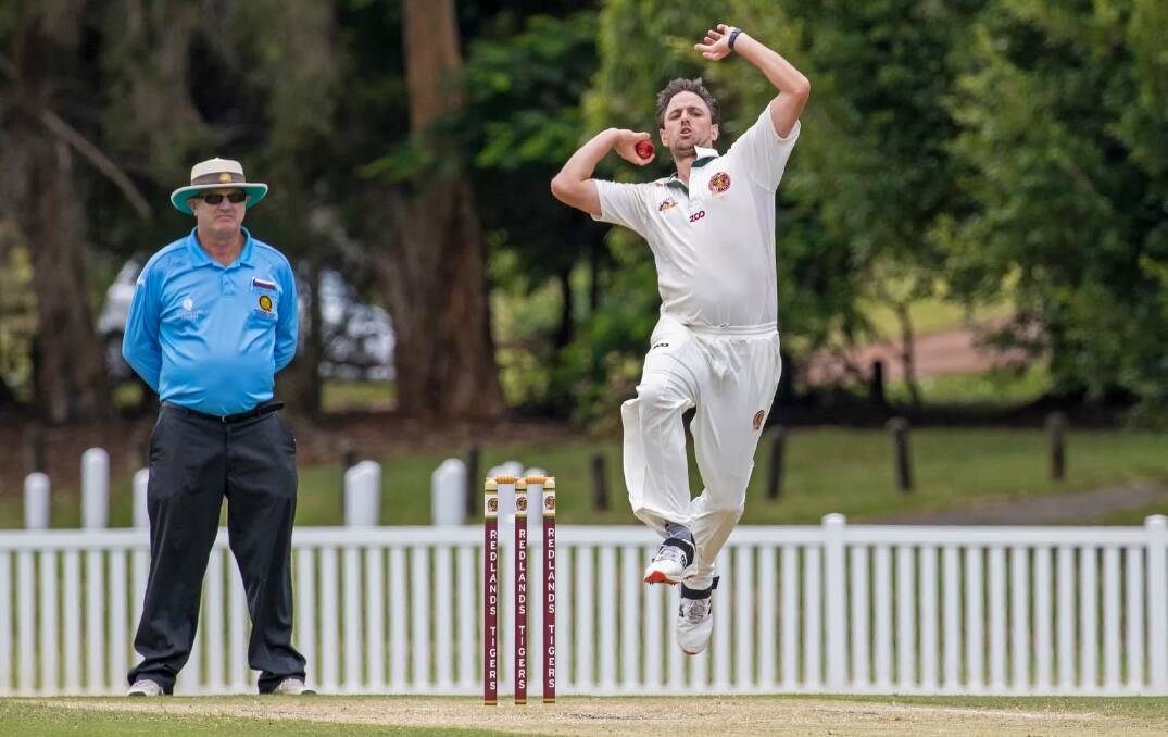 BOUNDING IN: Jason Hill took 5/28 for Redlands Tigers third grade against Western Suburbs. Photo: Doug O'Neill