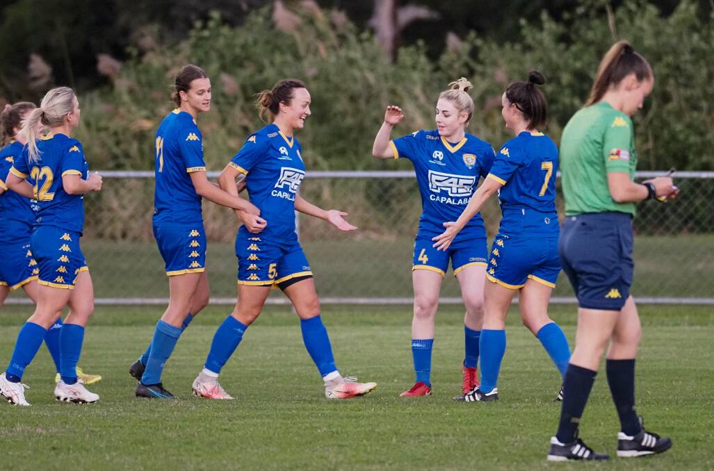 BIG WIN: Capalaba FC celebrate a goal. They are finals bound after defeating Souths United 4-0. Photo: Alan Minifie/Capalaba FC
