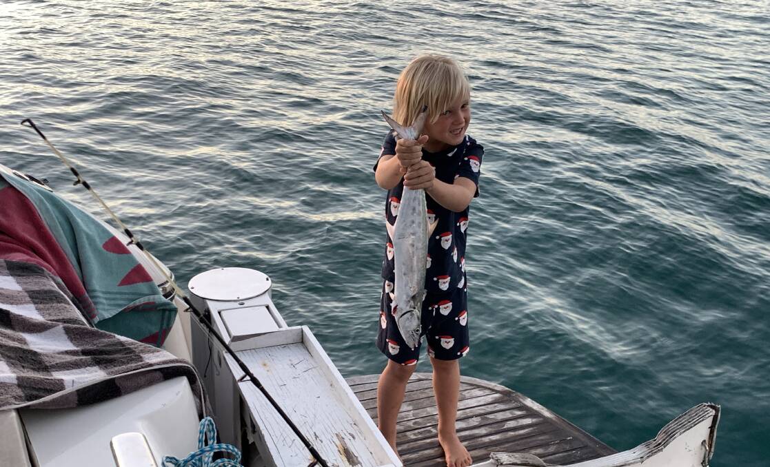 WHAT A CATCH: Cooper McClamley, 4, reels in a mackerel on boxing day near the Tangalooma wrecks. 
