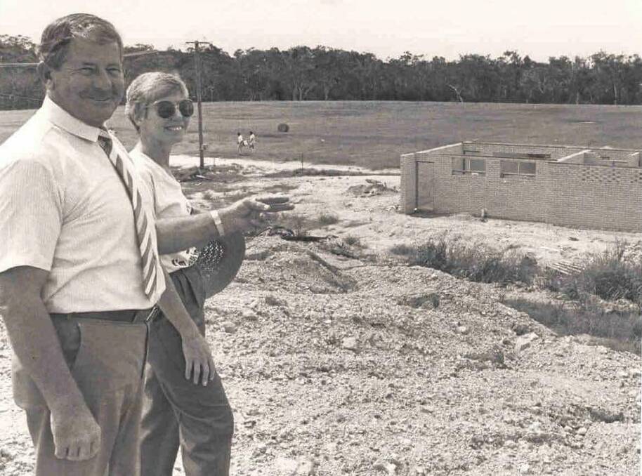 NEW GROUND: Former shire chairman Merv Genrich and former Cr Judy Holt next to the clubhouse during construction in 1985. 