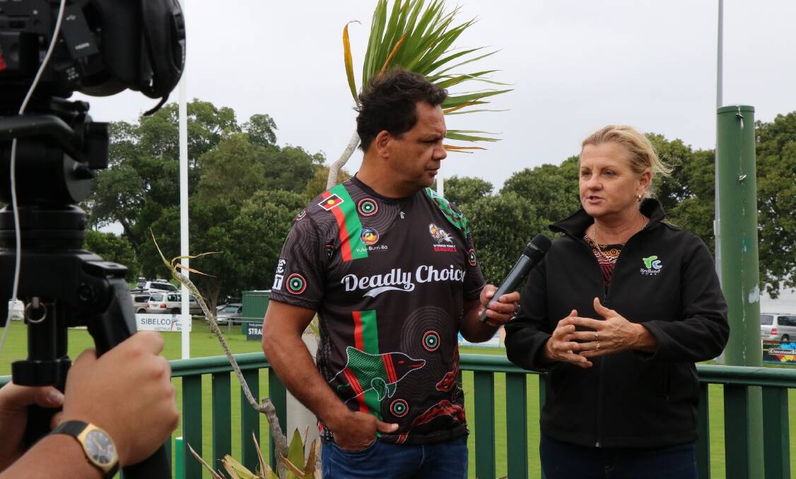 STRADDIE VISIT: Broncos legend Steve Renouf and Redland Mayor Karen Williams at Ron Stark Oval, where the Seagulls will clash with the Capras on June 5. Photo: supplied