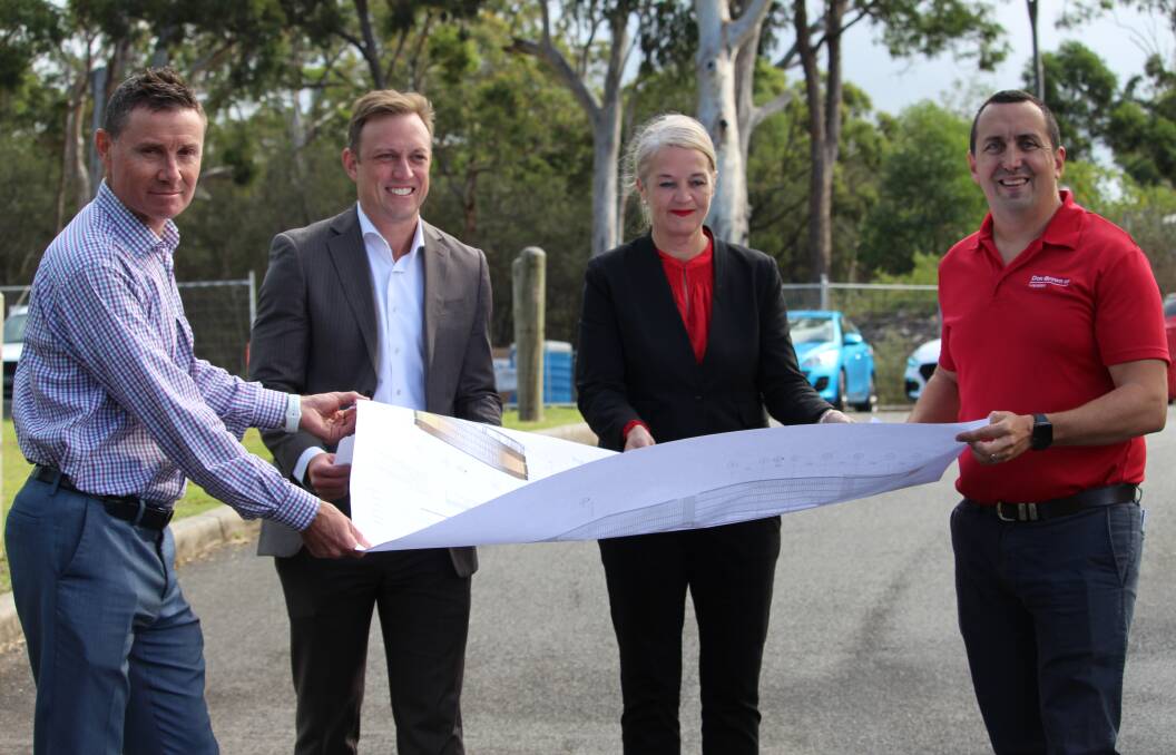 INVESTMENT: Bowman MP Andrew Laming, Health Minister Steven Miles, Redlands MP Kim Richards and Capalaba MP Don Brown pose with the car park plans at Redland Hospital. Photo: Jordan Crick