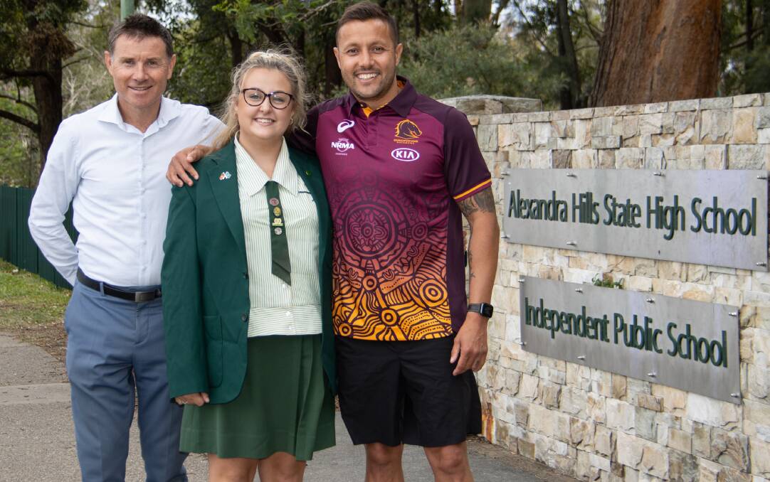 LEADERS: Bowman MP Andrew Laming, Sharni Mellare and Scoot Prince outside the Alexandra Hills State High School gates. Photo: supplied