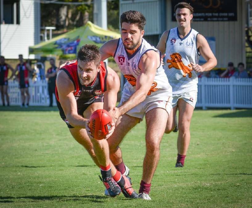 DEFENCE: Thomas Salter started in the backline for Redland-Victoria Point Sharks on Saturday. He is pictured here playing against Palm Beach earlier in the season. Photo: Highflyer Images