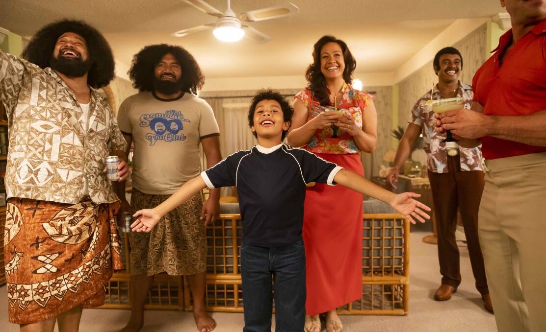 ON SET: Afa and Sika (John Tui and Fasitua Amosa), Little Dewey (Adrian Groulx), Ata Johnson (Stacey Leilua) and Rocky Johnson (Joseph Lee Anderson) during filming for Young Rock. Photo: Mark Taylor/NBC Universal.