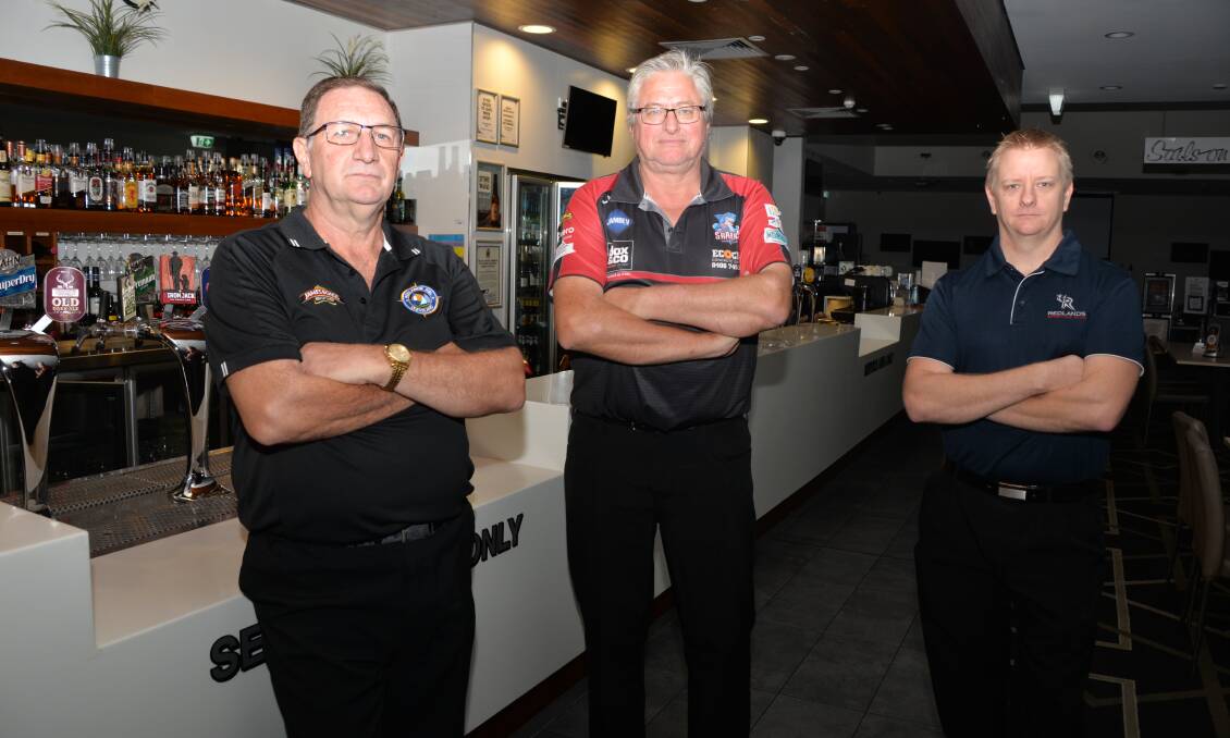 CLUBS: Peter Harrison of Cleveland RSL, Mal Cochrane of the Victoria Point and Cleveland Sharks Club and Shane Curtis of the Redlands Sporting Club. Photo: Brian Williams