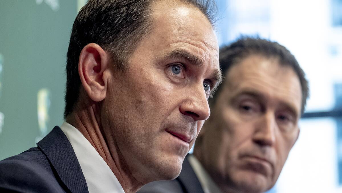 Cricket Australia CEO James Sutherland (right) and Justin Langer. Photo: AAP Image/Luis Ascui