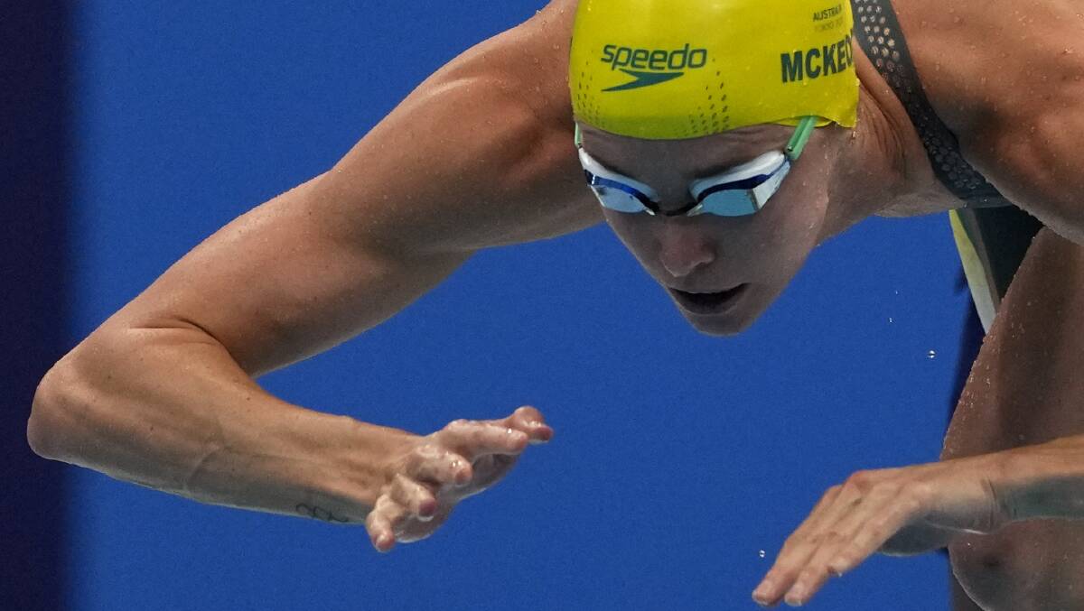Emma Mckeon, of Australia, is a picture on concentration on the blocks. Photo: AP Photo/Gregory Bull 