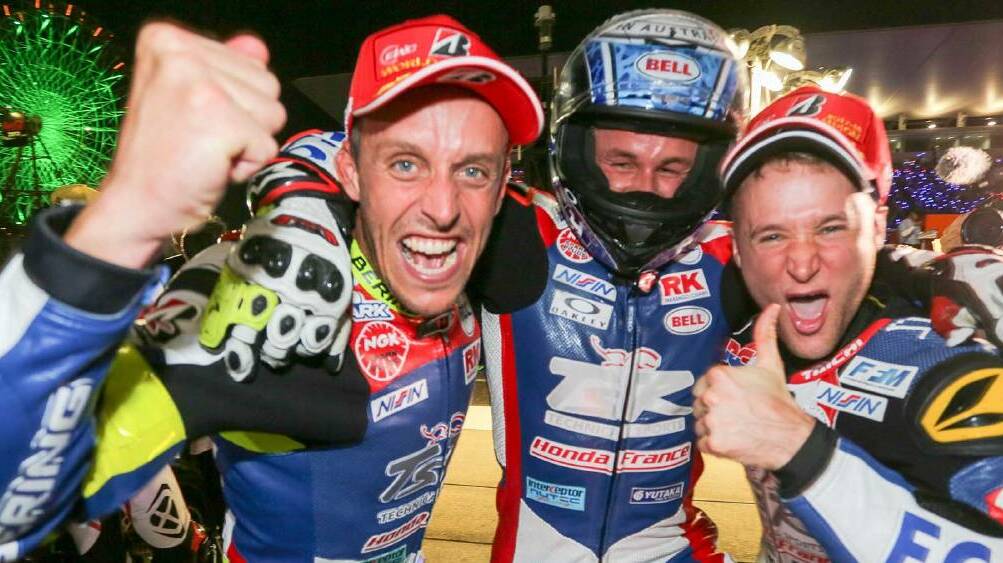 Josh Hook (centre) celebrates with team-mates his 2017 World Endurance Championship win. His team is hoping to go back-to-back this weekend in Japan.