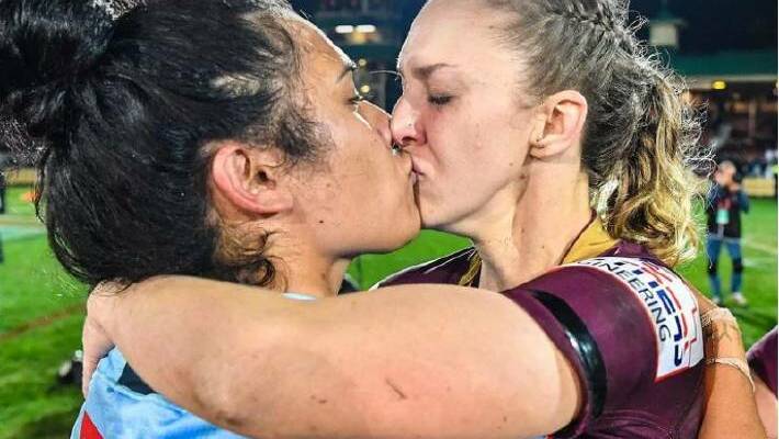 Karina Brown and Vanessa Foliaki embraced at the end of the inaugural women's State of Origin match on Friday. Photo: NRL Facebook