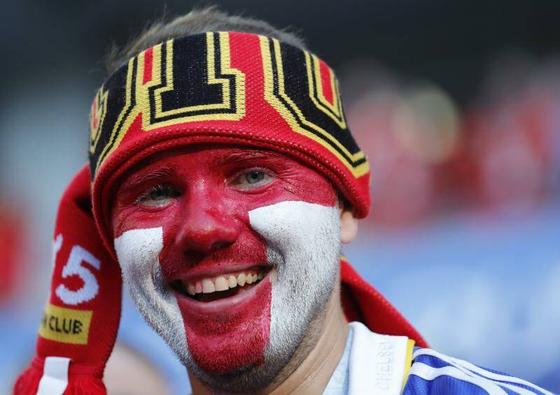 A supporter awaits the start of the group G match between England and Belgium at the 2018 World Cup. Photo: AP Photo/Hassan Ammar