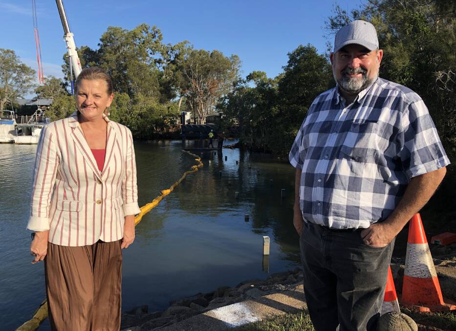 CONNECTED: Redland City Mayor Karen Williams and Cr Mark Edwards at Weinam Creek where the connecting footbridge between the north and south side of the marina was lowered into place recently.