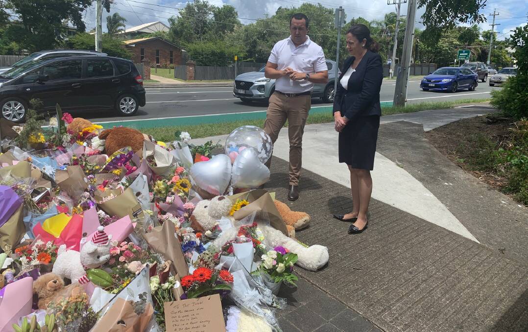CONDOLENCES: Premier Annastacia Palaszczuk and Capalaba MP Don Brown visit the site in Alexandra Hills where Kate Leadbetter and Matthew Field died.