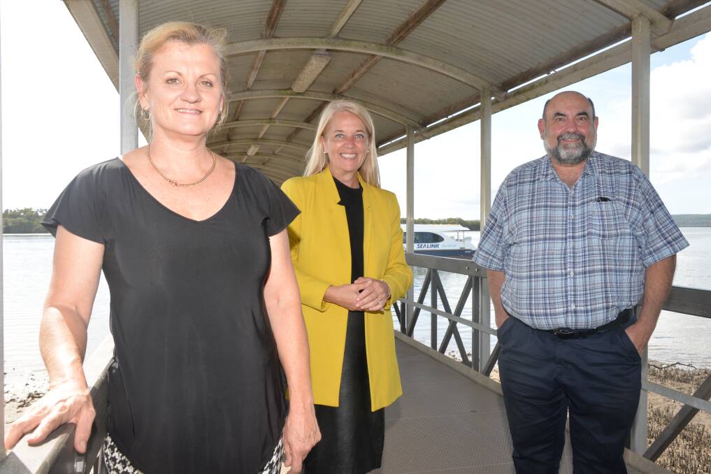 GO TIME: Mayor Karen Williams with Redlands MP Kim Richards and Cr Mark Edwards at the Russell Island ferry terminal. Photo: Jordan Crick