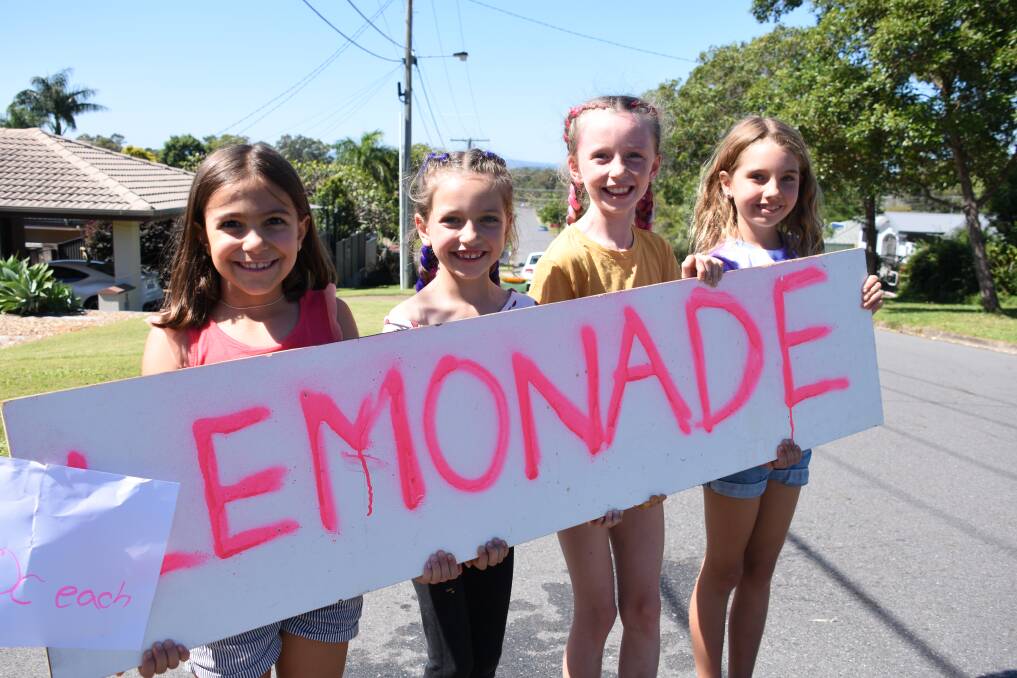 SQUEEZED: Lemonade stand business owners from Thornlands Athea Tiburcio,7, Wila, 7 and Harper Robins,10 and Frankie O' Donovan. 7. Photo: Angela Kelly