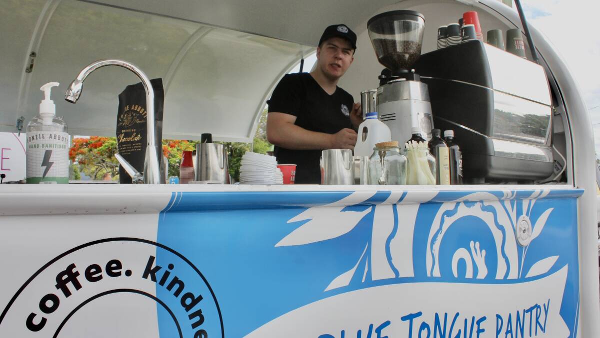 CUPPA JAVA: Chris Morris mans the Blue Tongue Pantry coffee cart in Wynnum.