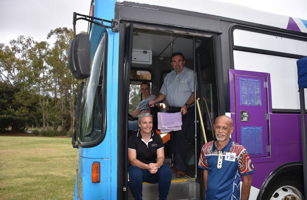 WASH ON WHEELS: Driver Peter Treloar, Byron Shreeve from Redland City Council with Megan Spicer from Footprints mobile shower and laundry bus and Homeless United co-ordinator Horowai Rameka.